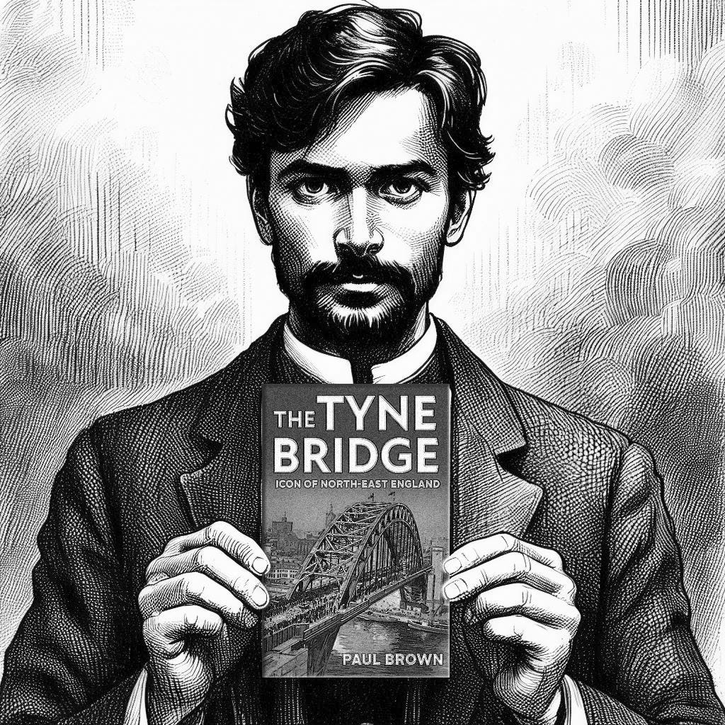 Man holding The Tyne Bridge book by Paul Brown