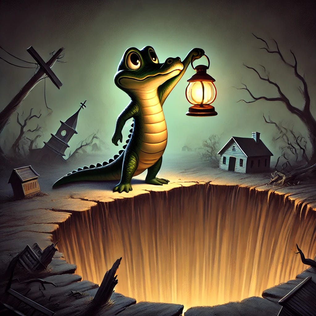A small, determined anthropomorphic gator in a Pixar-Disney style holding a glowing lantern that casts warm, hopeful light into surrounding darkness. The gator stands on the edge of a crumbling precipice, symbolizing societal decay, with a swirling void below. Faint, haunting shadows of broken institutions like church steeples, schoolhouses, and community centers are being pulled into the abyss. The gator's expression is resolute, as if lighting the way against encroaching darkness. The overall tone is dramatic yet hopeful.