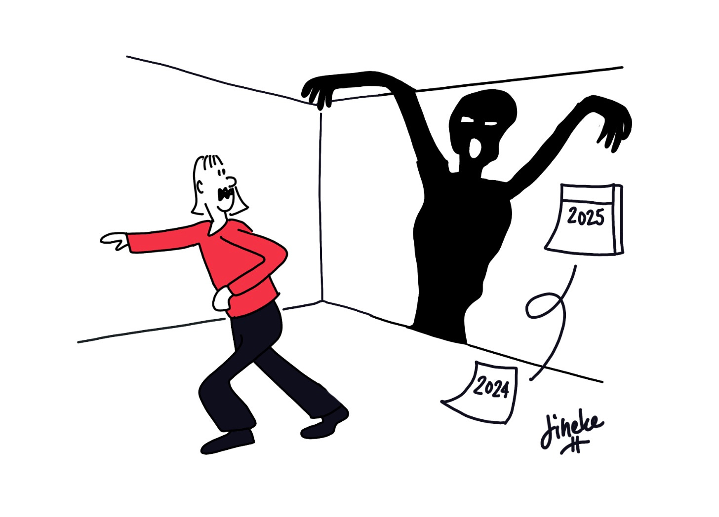 Cartoon of woman running away from black ghost on wall