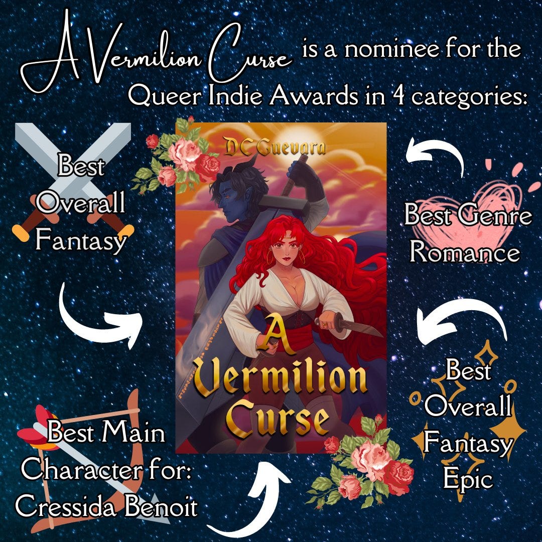 Background of a blue night sky with the cover of A VERMILION CURSE by DC Guevara in the middle, surrounded by text. 

The text reads:

A Vermilion Curse is a nominee fo the Queer Indie Awards in 4 categories:
Best Overall Fantasy
Best Main Character: Cressida Benoit
Best Genre Romance
Best Overall Fantasy 