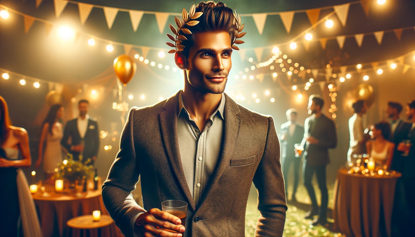 Create a widescreen image of a man dressed in a stylish, modern outfit at a party. The man has a trendy hairstyle, similar to the one in the provided image, with short sides and a longer top. He's wearing a laurel wreath made of golden leaves, suggesting a festive or celebratory occasion. The party setting is indoors, with warm ambient lighting and soft bokeh effect in the background to give a sense of depth and a lively atmosphere. There are subtle hints of decorations like strings of lights or bunting in the background. The man is standing in a relaxed pose, holding a drink, and he has a confident, cheerful expression on his face.