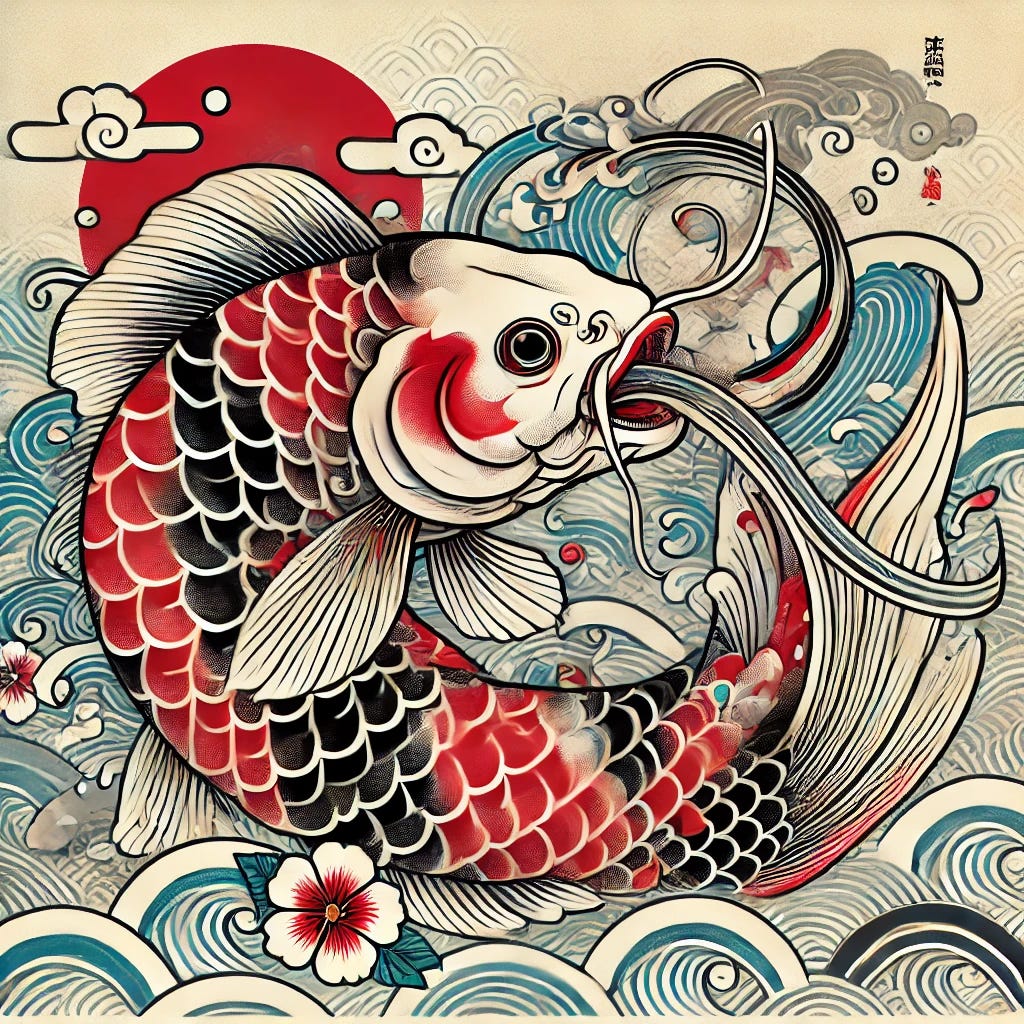 A Japanese-style illustration of a fish eating its own tail in a less aggressive manner. The fish has traditional Japanese elements such as koi patterns, vibrant colors like red, white, and black, and decorative scales. The background features subtle Japanese waves and floral motifs to enhance the traditional aesthetic. The fish's mouth is gently biting its tail, with a more serene and calm expression. The overall style should be inspired by traditional Japanese woodblock prints.