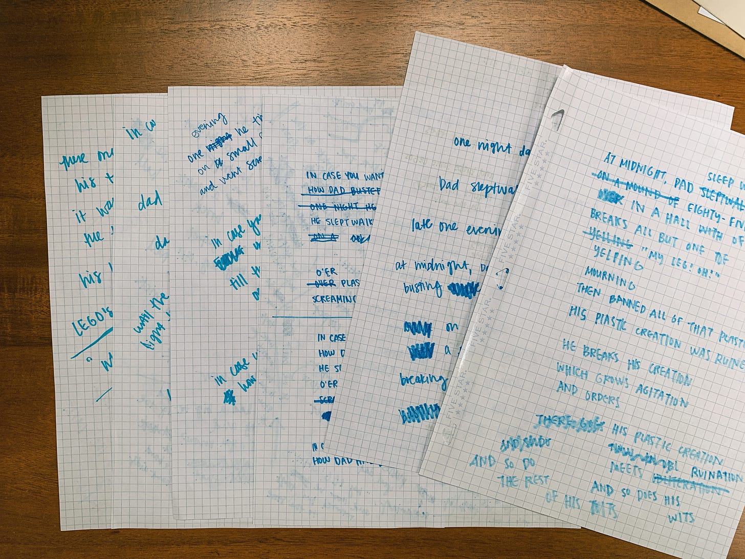 A photograph of six sheets of graph paper with words scratched out in blue marker.