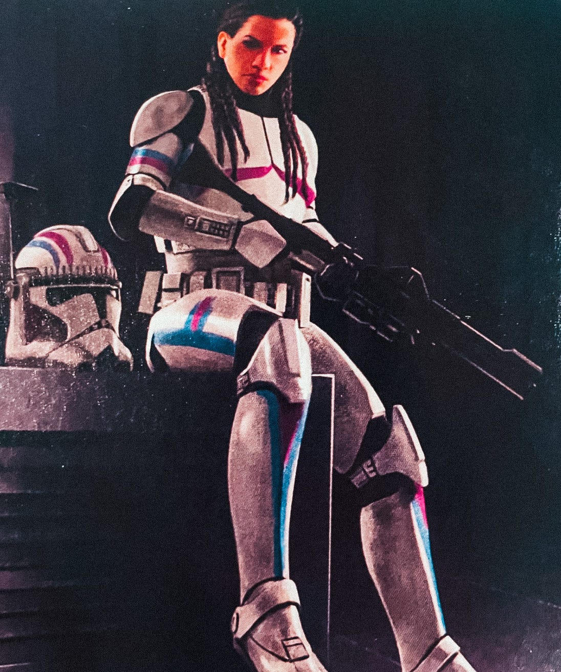 Illustation of a Clone Trooper with her helmet off, black hair in several long braids. Her armor is decorated with pink and blue stripes.