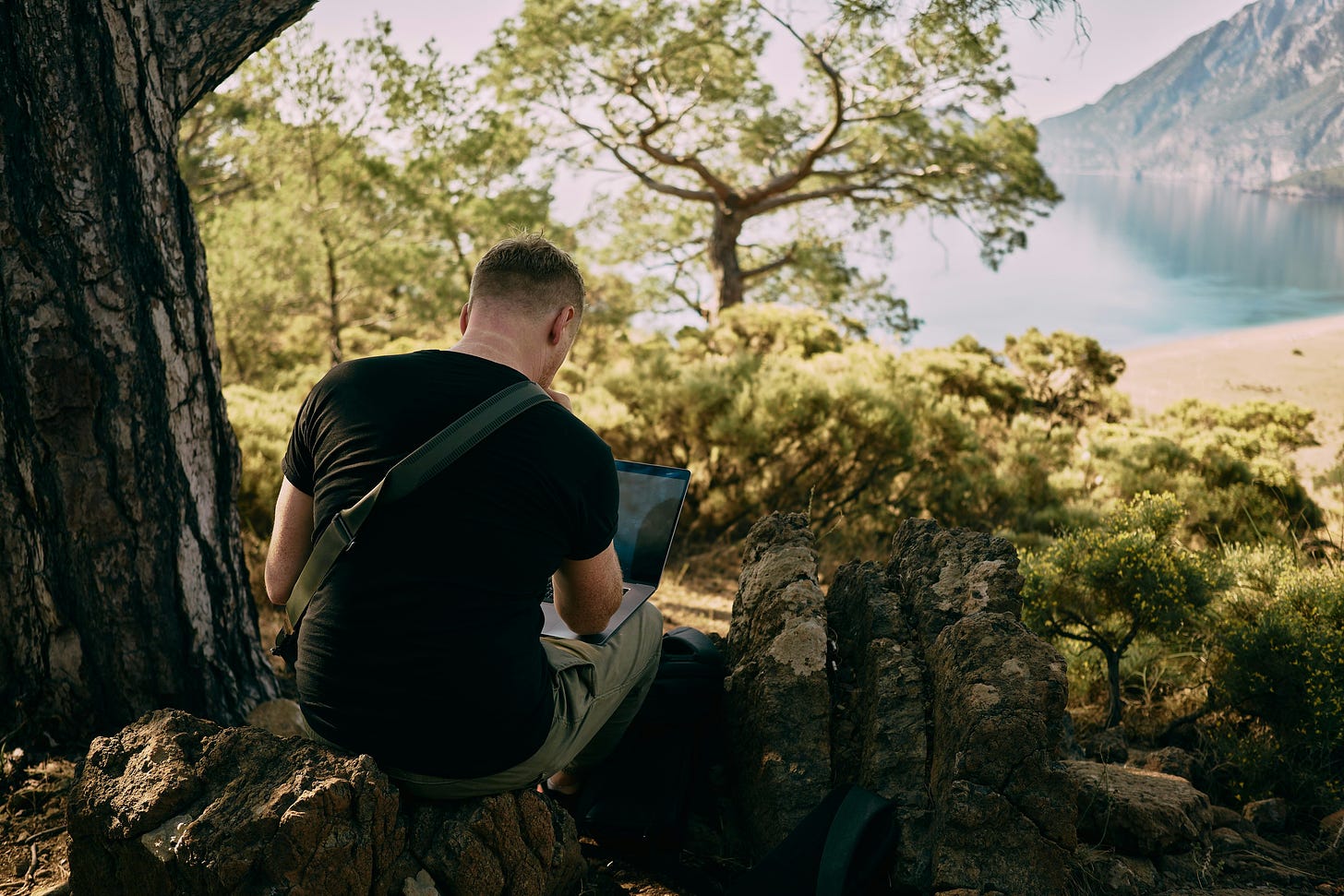 Photo by Anastasia Nelen on Unsplash. Man sitting with a laptop computer under a tree on a hill overlooking a lake. Mountains in the distance.