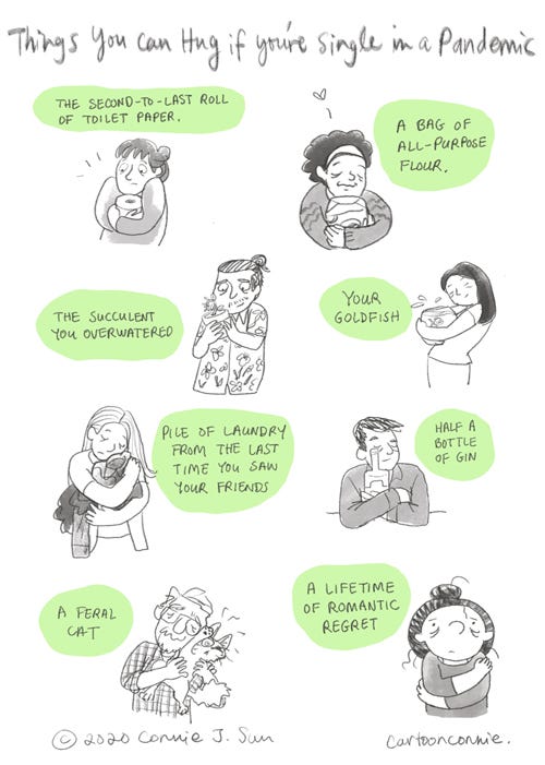 Things You Can Hug If You're Single In A Pandemic pandemic diary, quarantine, humor, comics, illustration, cartoon, loneliness, singles, pandemic life, sketchbook, connie sun, cartoonconnie, self-hug