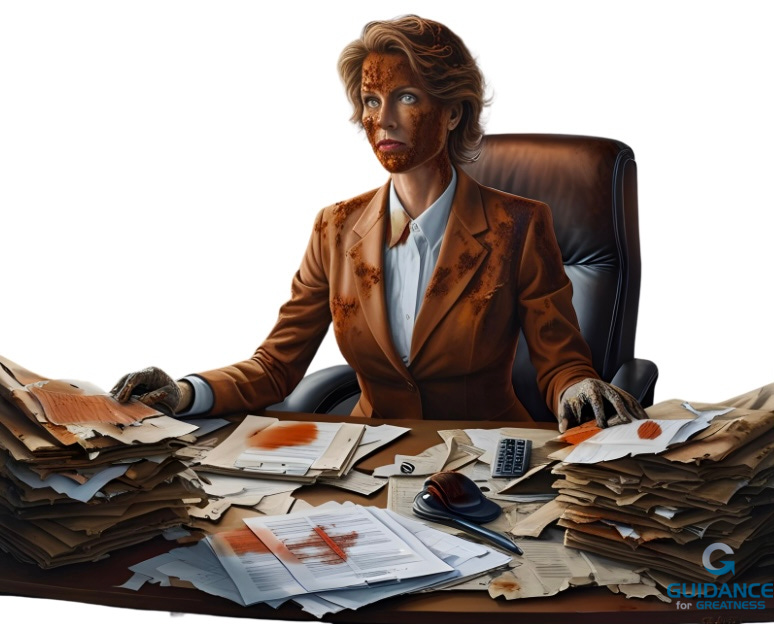 A white woman sits at a desk covered in piles of papers. She is wearing a business suit and staring straight ahead into the distance. Her face, hands, clothing, papers and desk are covered in rust.