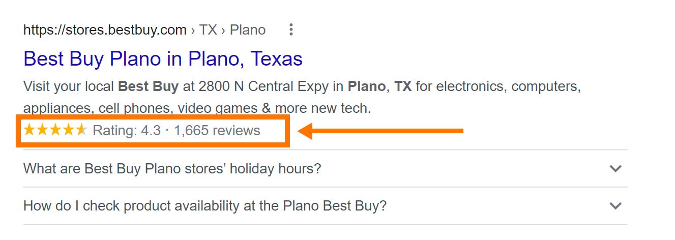 Screenshot of google SERP with reviews snippet.