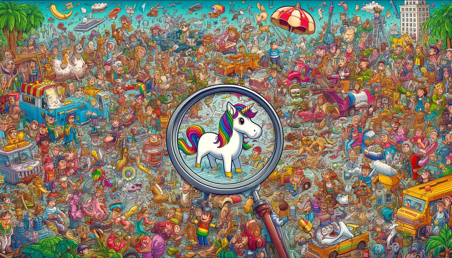 A picture of a unicorn magnified in a where's wally style colourful background of characters