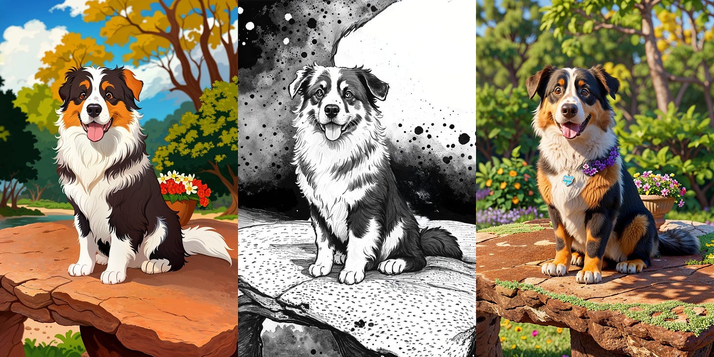 Three images of a dog sitting on a rock; the first is a cartoon style, the second a pencil sketch, the third a 3D render