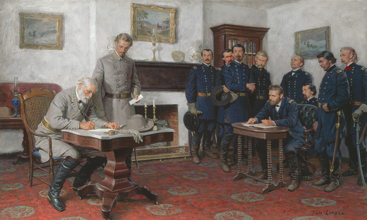 Tom Lovell, “Lee accepts the surrender terms” – Appomattox Courthouse, 1965, oil on canvas. Illustration for the article titled “Appomattox: Where Grant and Lee Made Peace with Honor a Century Ago,” by Ulysses S. Grant III, National Geographic, April 1965, pages 464-465.