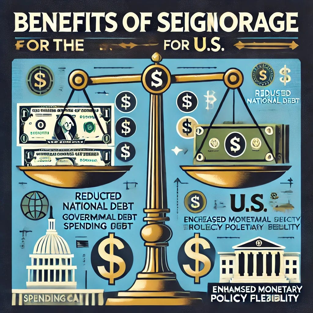 An informative infographic titled 'Benefits of Seigniorage for the U.S.' The design features a balance scale with U.S. dollar bills on one side and economic growth symbols on the other, indicating financial benefits. Icons represent reduced national debt, increased government spending capacity, and enhanced monetary policy flexibility. A background of the U.S. Capitol and Federal Reserve symbolizes government involvement. The infographic uses blue, green, and gold tones, with clear, bold fonts and arrows highlighting positive economic impacts. An informative infographic titled 'Benefits of Seigniorage for the U.S.' The design features a balance scale with U.S. dollar bills on one side and economic growth symbols on the other, indicating financial benefits. Icons represent reduced national debt, increased government spending capacity, and enhanced monetary policy flexibility. A background of the U.S. Capitol and Federal Reserve symbolizes government involvement. The infographic uses blue, green, and gold tones, with clear, bold fonts and arrows highlighting positive economic impacts.