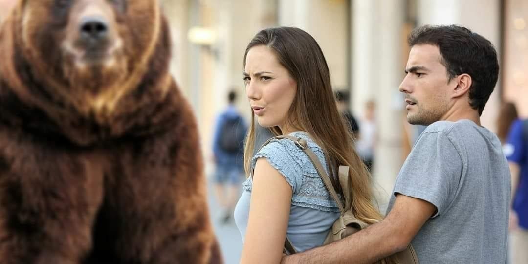 The "distracted boyfriend" meme, except it's a distracted girlfriend, and she's eyeing up a bear