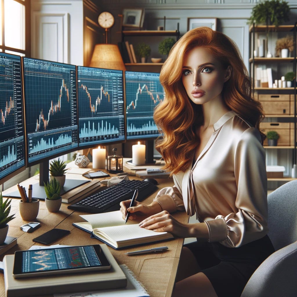 A beautiful woman with ginger hair is depicted sitting at a stylish, modern desk surrounded by multiple computer screens displaying stock market charts and data. She is intently studying the screens, with a notebook and pen in hand for taking notes. The setting is a well-lit, cozy office space, indicating a personal touch with plants and personal mementos scattered around. She wears smart, casual attire that reflects her professionalism and dedication to her work. The atmosphere suggests concentration, intelligence, and a keen interest in financial markets.