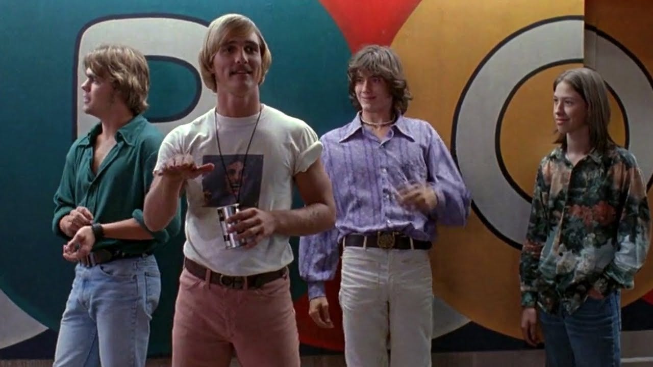 Still from the movie Dazed and Confused with Matthew McConaughey as Wooderon.