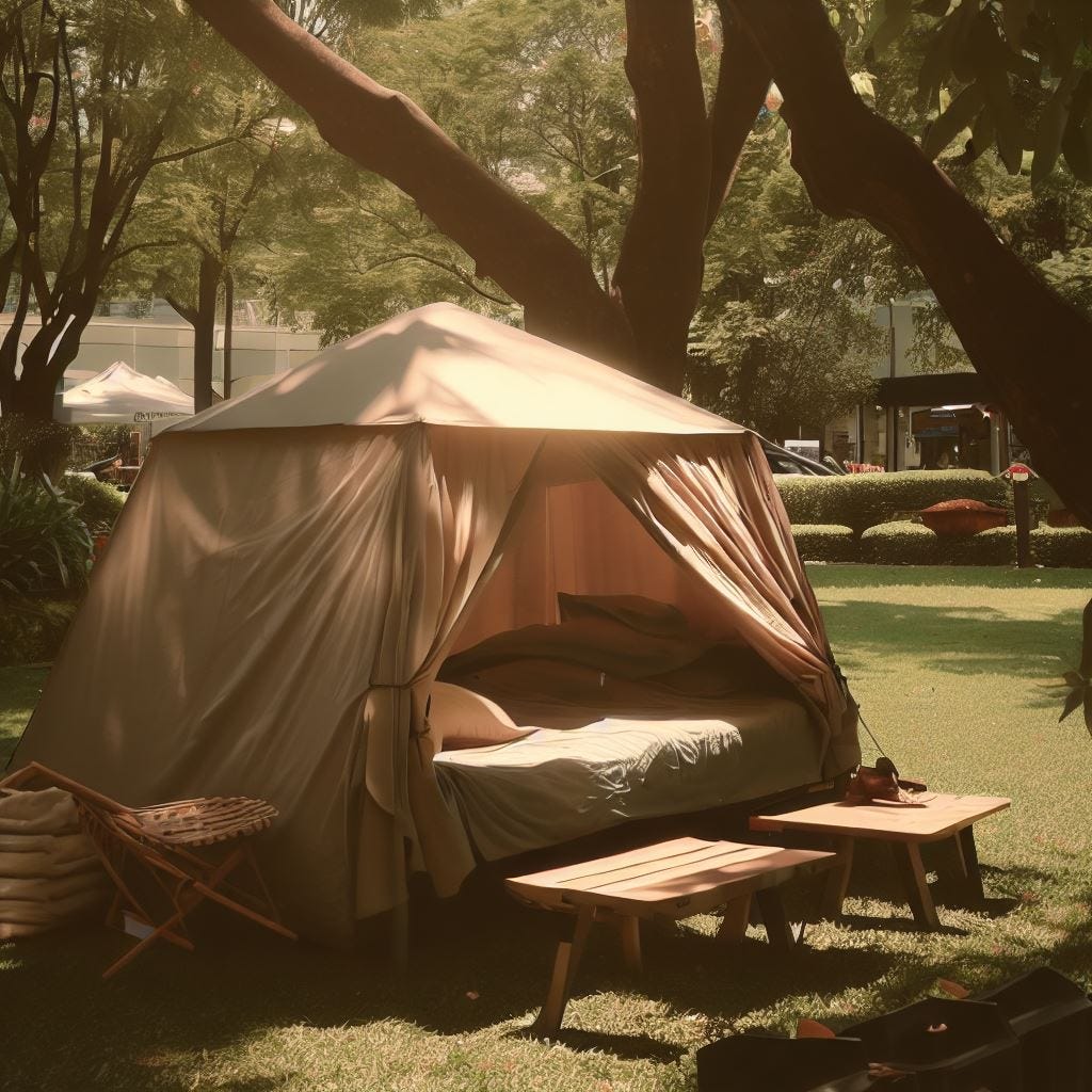 a picture of a tent that has a cot and a small table and chair in it. Make it look luxurious. Place it in a park with shade trees, put a grocery store in the background.