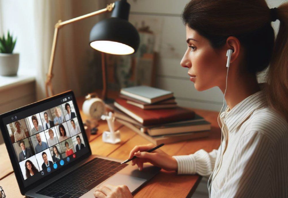 woman at desk facing laptop screen for zoom meeting wearing earbuds - AI image DALL*E via Bing