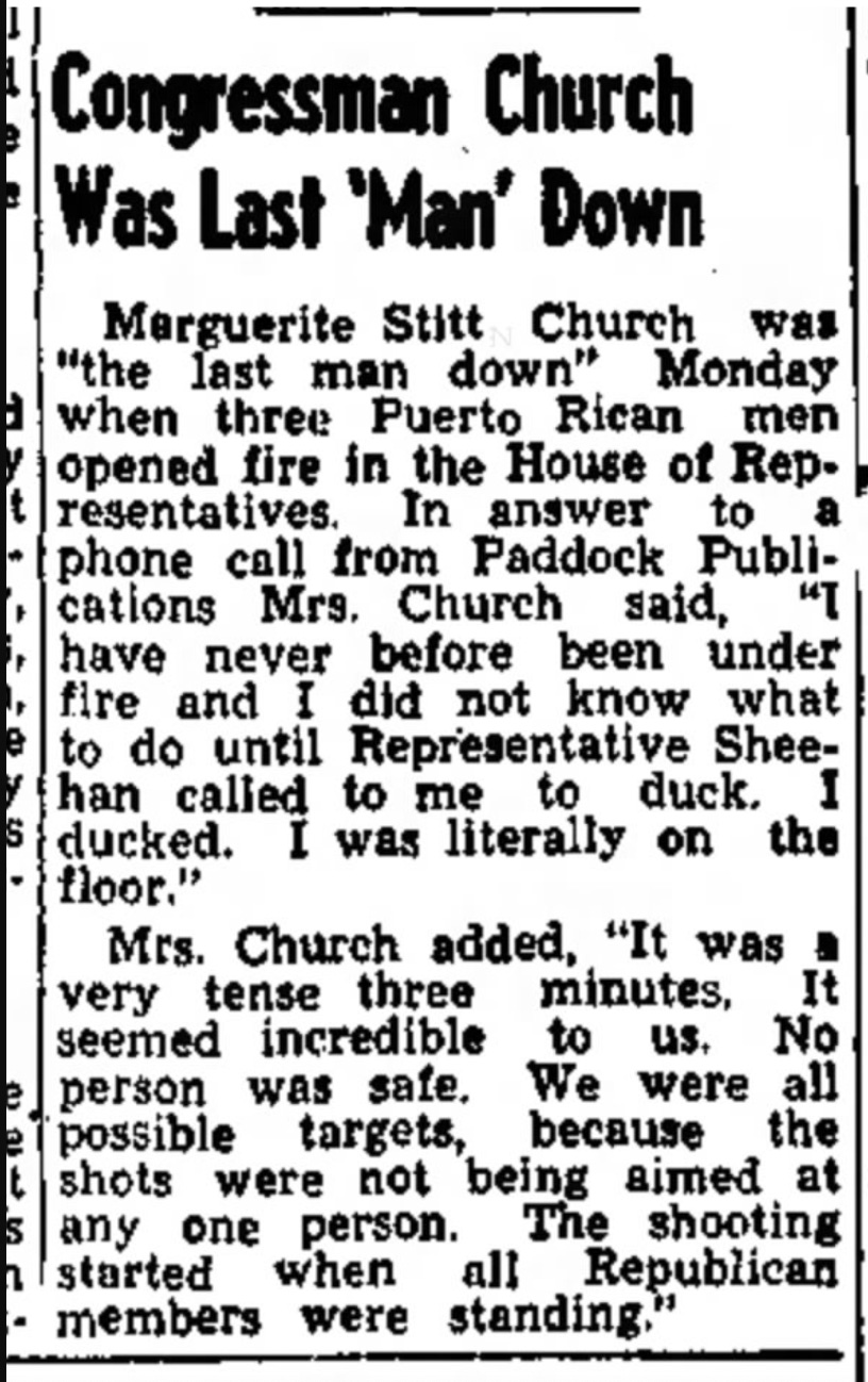 Newspaper clipping with headline: Congressman Church Was Last 'Man' Down"