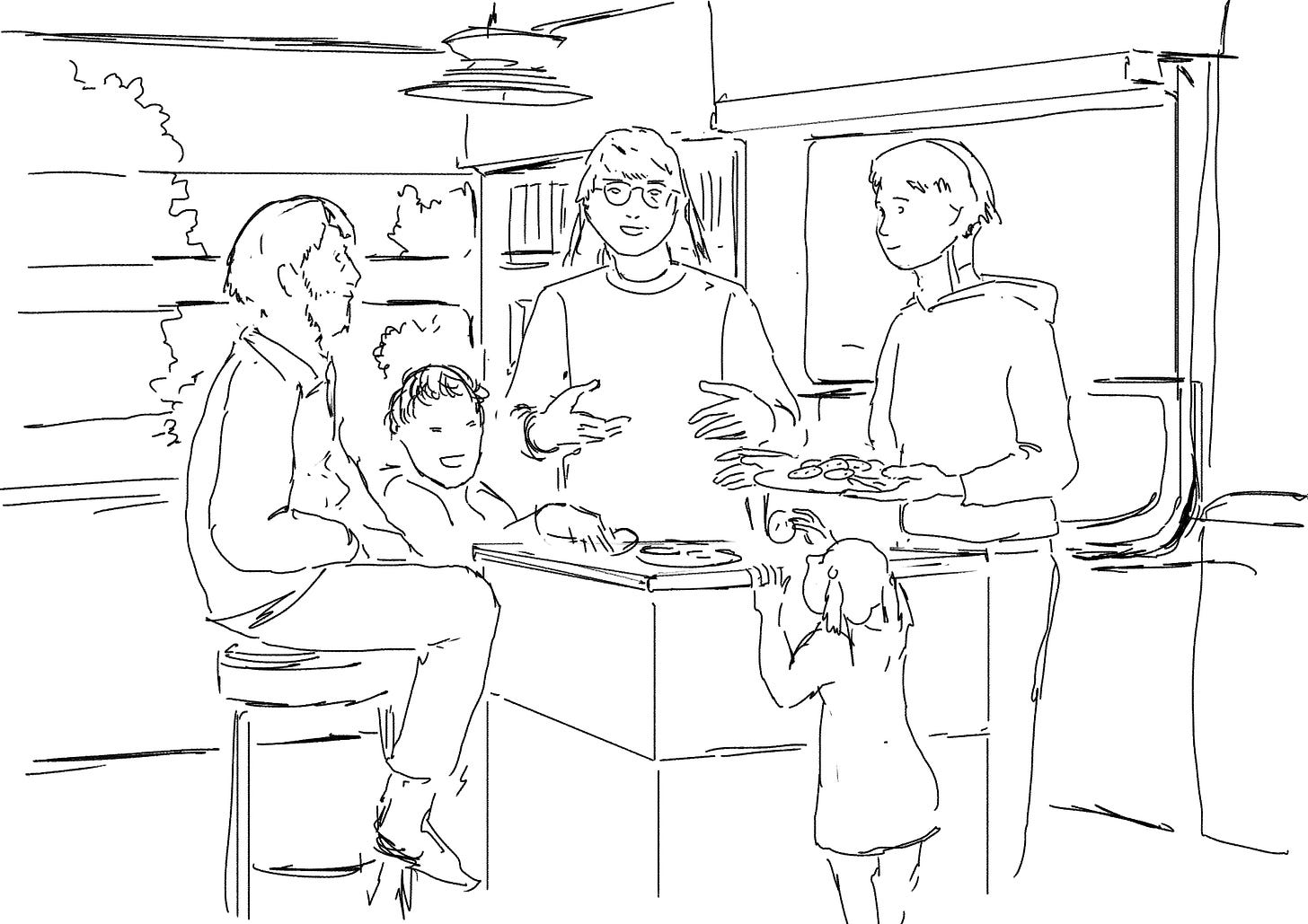 A linework sketch of a family scene. Everyone is happy, and a robot serves cookies.