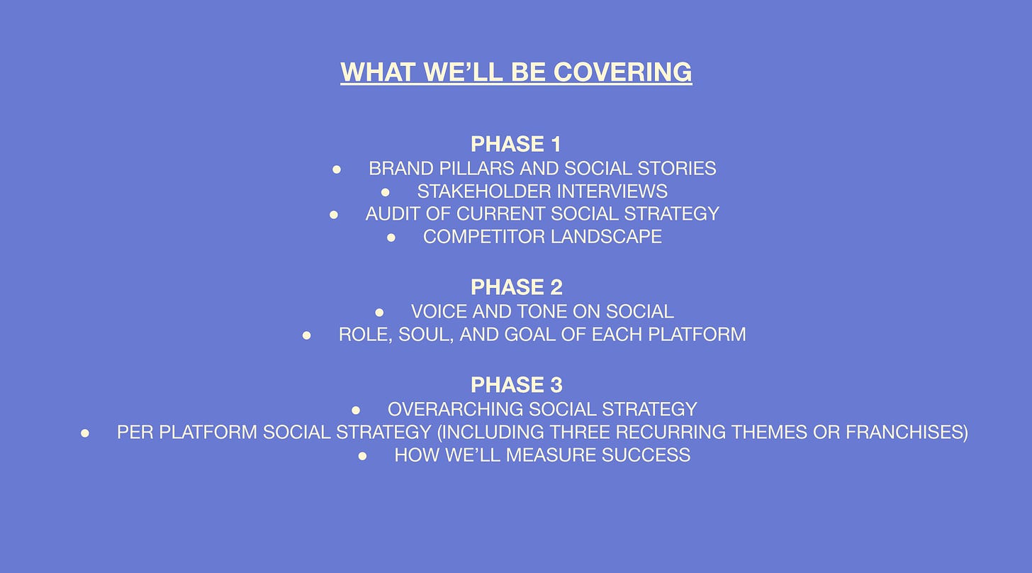 Example slide from a social strategy deck. Includes three phases.
