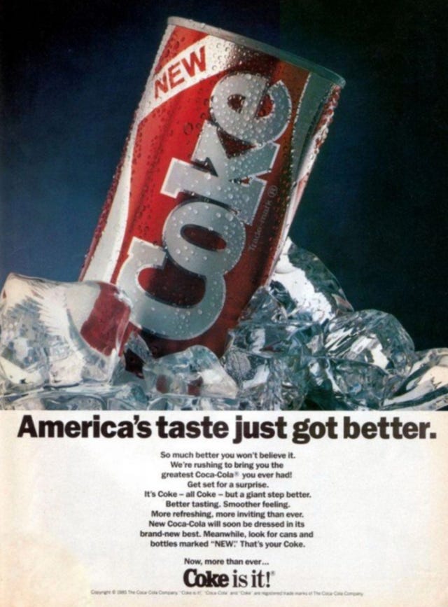80's era print advertisement for New Coke with headline "America's taste just got better."