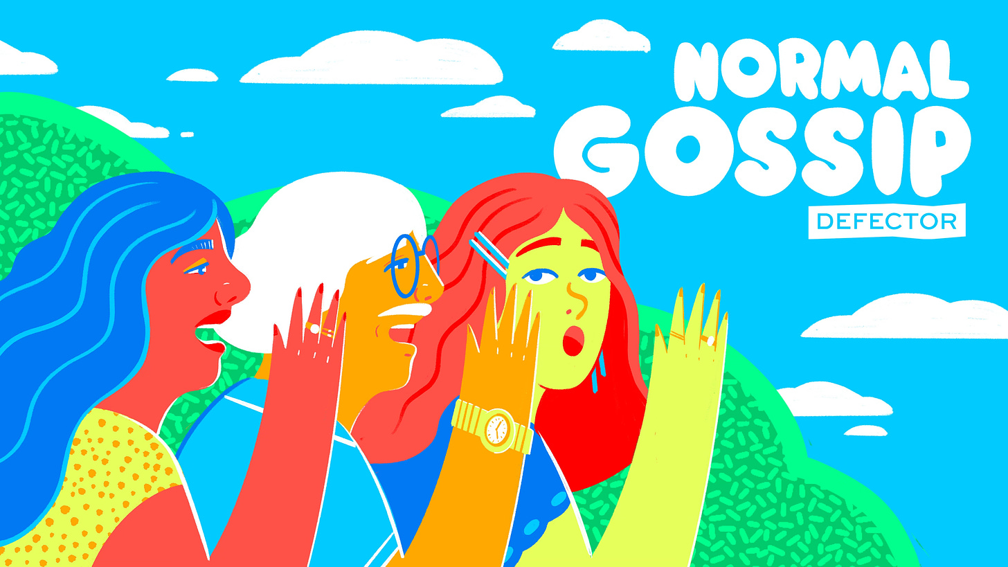 Artwork van Normal Gossip. Felgekleurde illustratie van drie vrouwelijke figuren die dingen aan elkaar door te lijken vertellen. Rechts in witte letters de titel Normal Gossip en het logo van defector media.