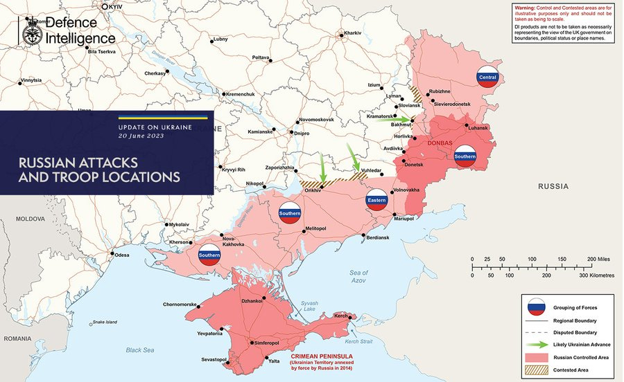 Map showing Russian attacks and troop locations from 20th June 2023.