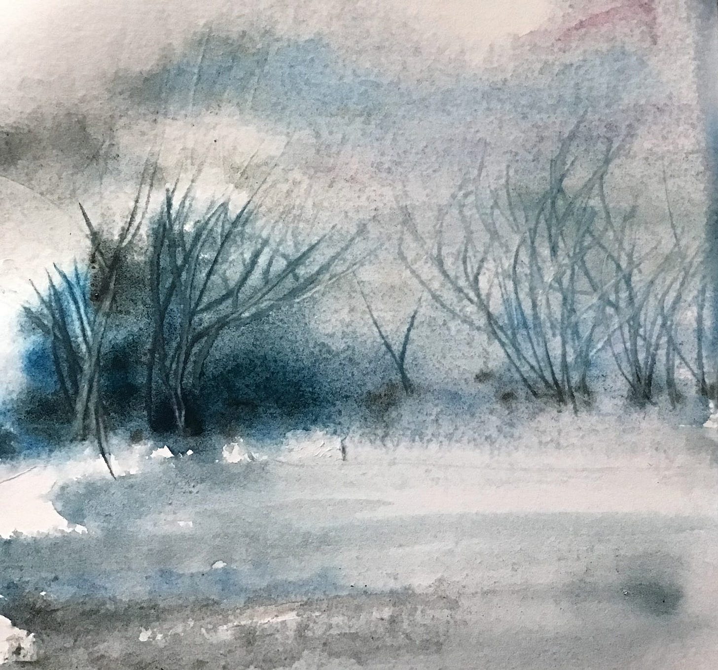 Loose watercolour of a woodland in wintertime.