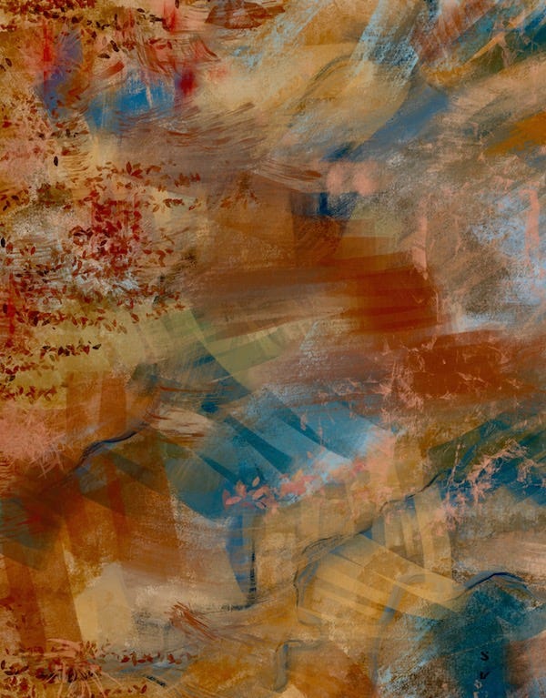 Abstract painting by Sherry Killam Arts using browns and blues to express unique shapes that form the surface of the land.