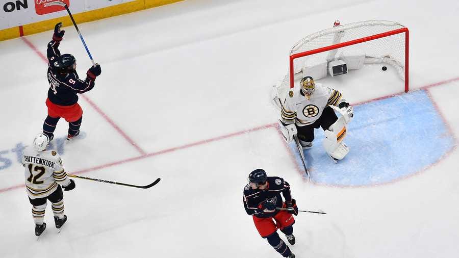 Ivan Provorov (#9) of the Columbus Blue Jackets reacts after scoring a goal during the second period of a game against the Boston Bruins at Nationwide Arena on November 27, 2023 in Columbus, Ohio.