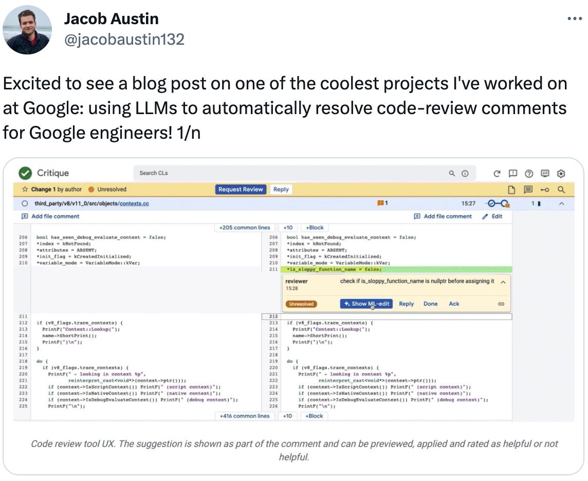  Jacob Austin @jacobaustin132 Excited to see a blog post on one of the coolest projects I've worked on at Google: using LLMs to automatically resolve code-review comments for Google engineers! 1/n