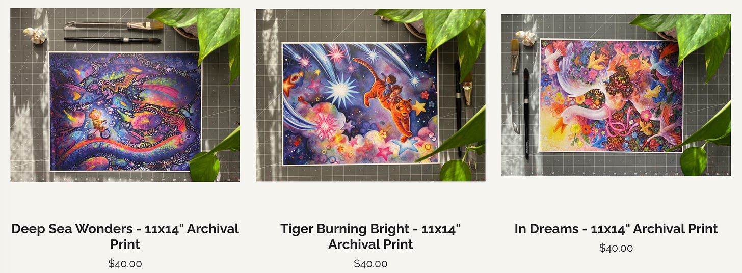 A screenshot of three prints offered on Alyssa Sinnen's online print shop.