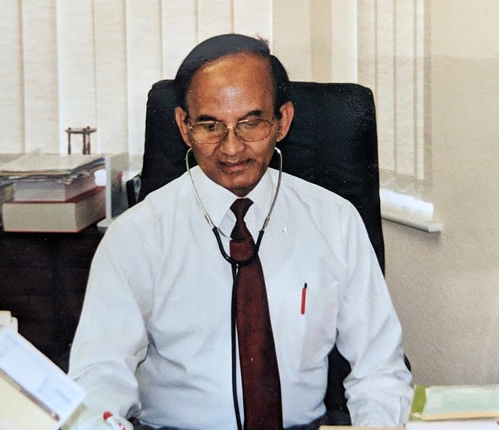 Dr Jitendra Kanjilal in his surgery in Lowestoft, Suffolk (date of photo unknown)