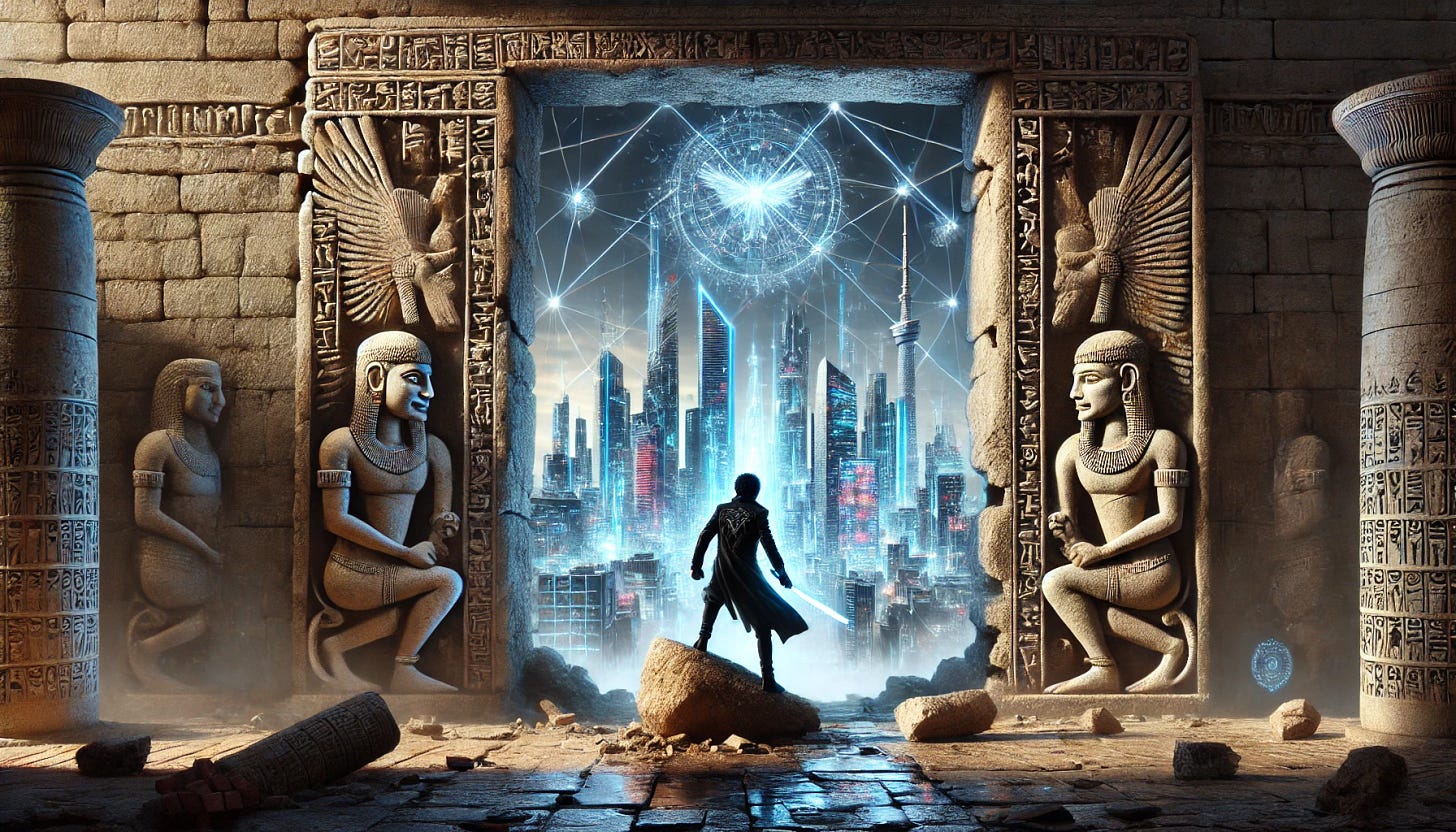 An image inspired by Neal Stephenson's 'Snow Crash', featuring a blend of ancient and futuristic elements. The scene shows a futuristic digital cityscape with neon-lit skyscrapers and advanced technology visuals viewed through an ancient, weathered archway. The archway has intricate carvings of mythical Sumerian figures, resembling the 'winged genie of Nimrud' and the 'lion hunt of Ashurbanipal'. In the foreground, Hiro Protagonist is seen from behind, standing on rubble, dynamically posed in black leather attire, wielding a glowing katana. The digital city inside the archway contrasts sharply with the ancient stonework, creating a juxtaposition of eras and styles. The sky inside the archway is filled with a network of data streams and virtual avatars, integrating ancient symbols into the digital scene. The overall atmosphere should capture the essence of a thrilling, hyperrealistic futuristic world with subtle mythical and ancient influences.