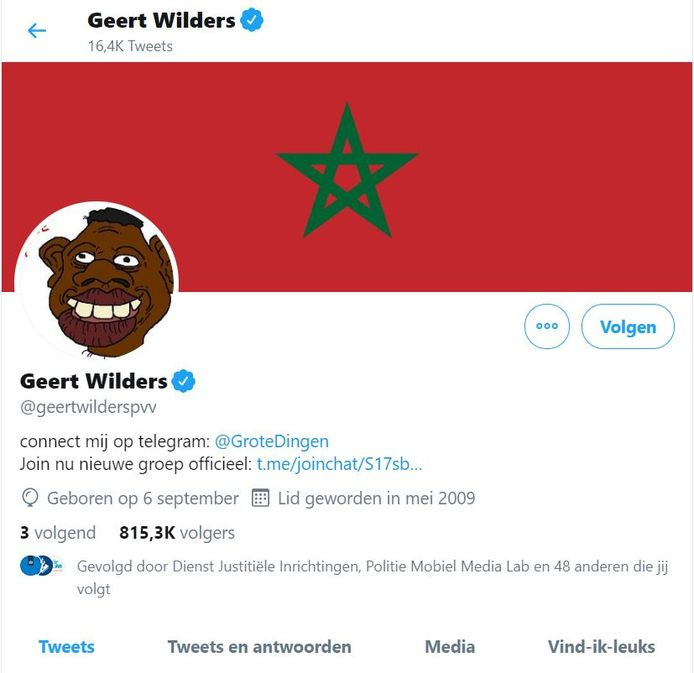 Het Twitteraccount van Geert Wilders op donderdagmorgen, na de hack.