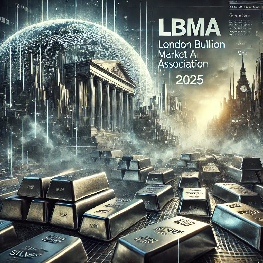 A dramatic and visually impactful image depicting a silver shortage scenario in 2025, with the London Bullion Market Association (LBMA) logo subtly included in the background. The image should feature silver bars stacked precariously, with a sense of scarcity and urgency. The silver is fading, tarnishing, or being moved rapidly, signifying the depletion of supplies. A futuristic, tense atmosphere, with elements hinting at global financial instability, should pervade the scene.