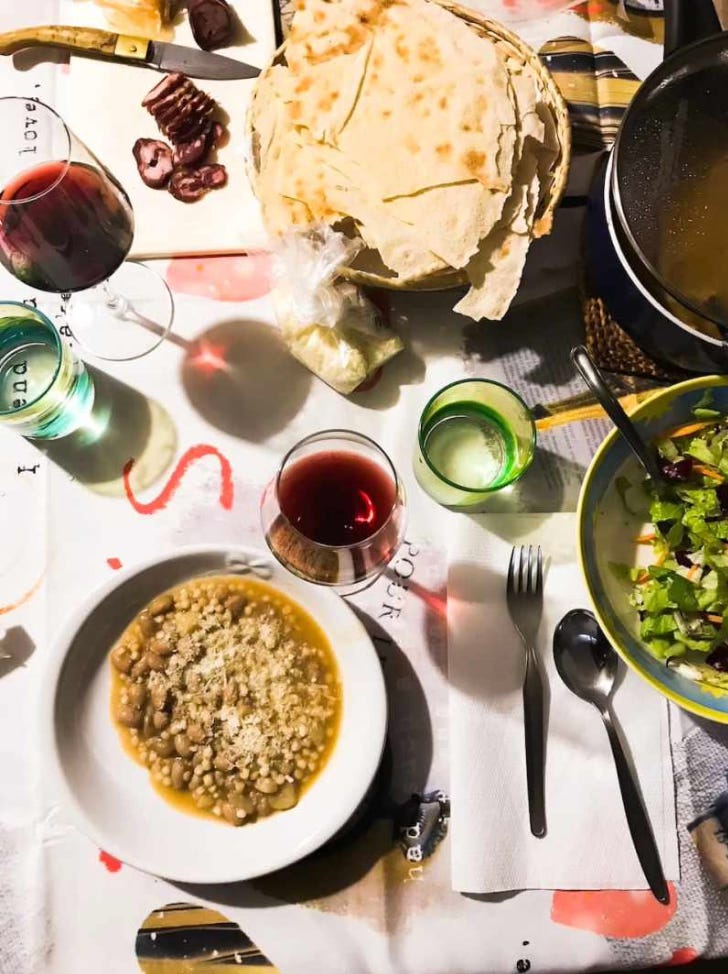 pasta e fagioli, salad, wine, salami