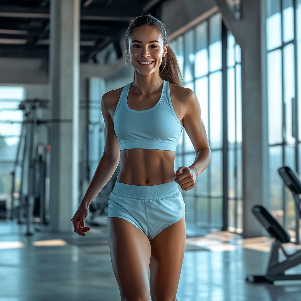 Fit female runner wearing light blue gym gear in a bright gym