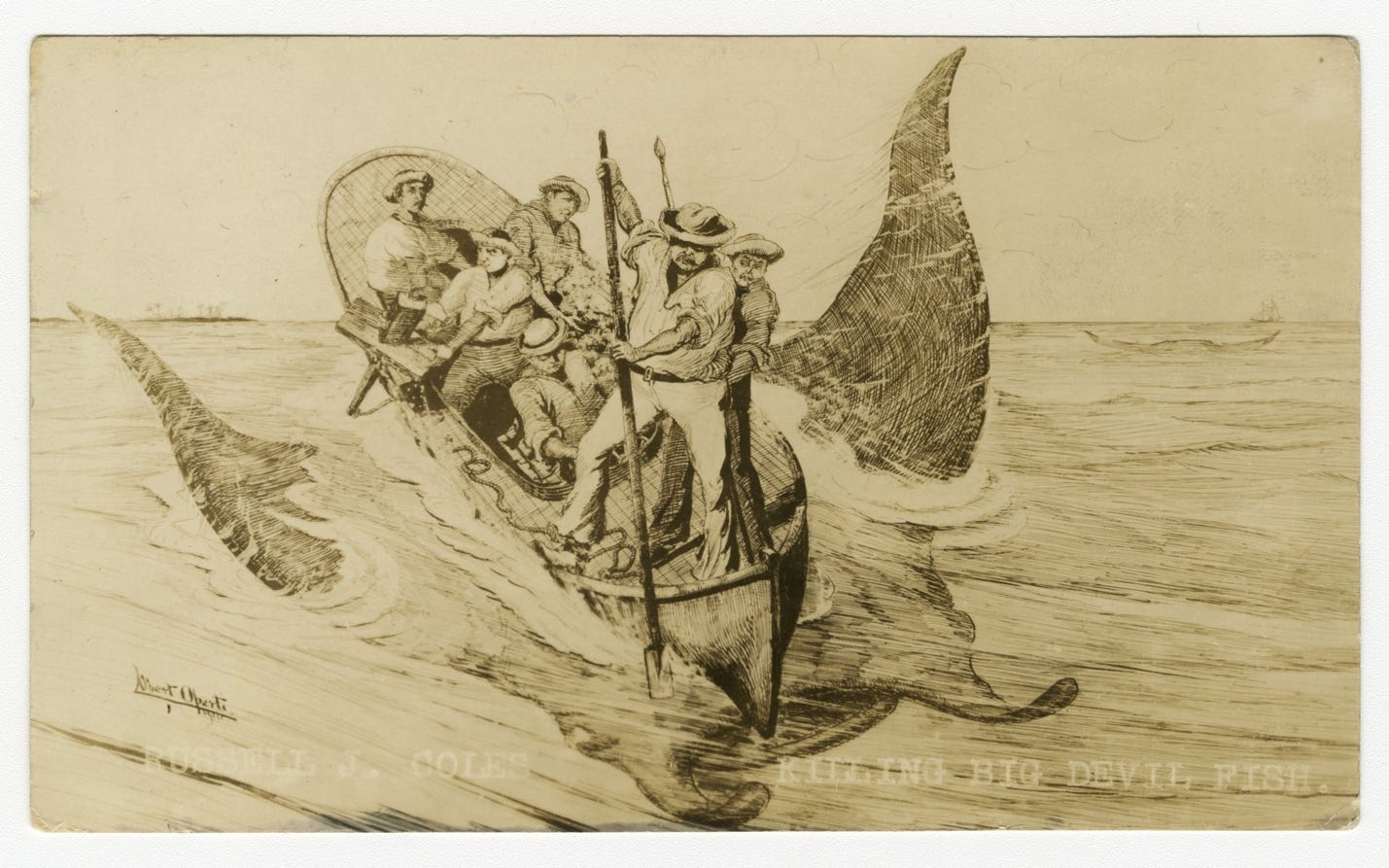 An illustration of Russell J. Coles and a crew of men harpooning a giant manta ray