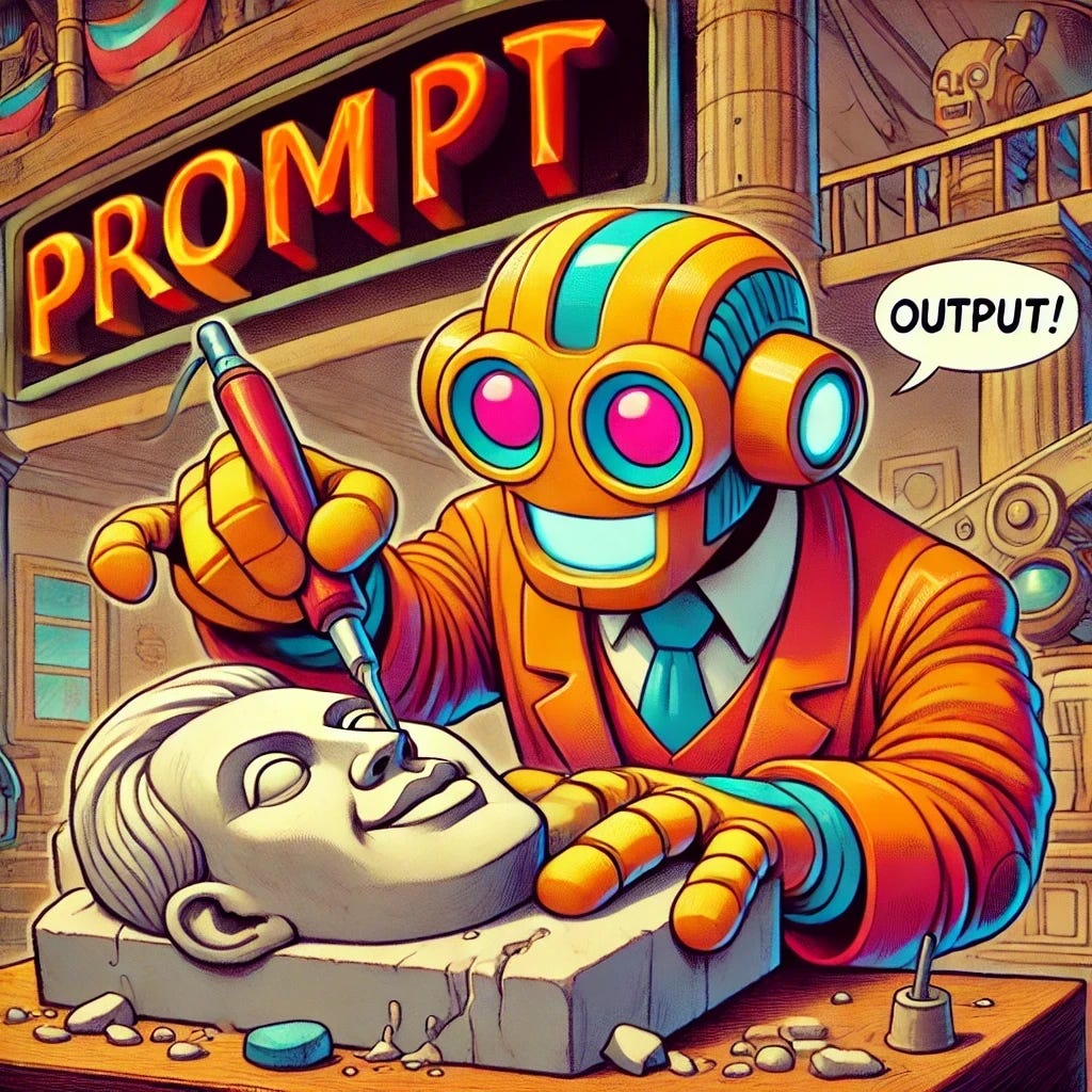 A cartoonish humanoid robot sculptor, depicted in a vibrant and exaggerated animation style, carving the word 'PROMPT' out of a stone block. The robot has a large head, bulbous nose, and thick outlines. It uses a bright, bold color palette with contrasting colors. The background is detailed yet cartoonish, featuring both static and dynamic elements. The style emphasizes expressive facial expressions and dialogue. The scene includes visual humor, such as gags and Easter eggs hidden in the background, with characters interacting humorously with their environment.
