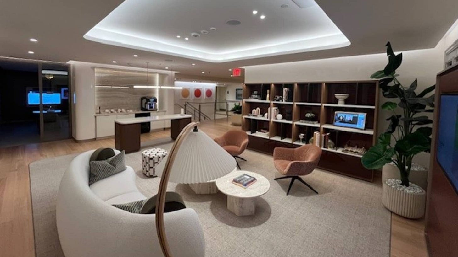A living space in the new J.P. Morgan financial center branch format in Palm Beach.