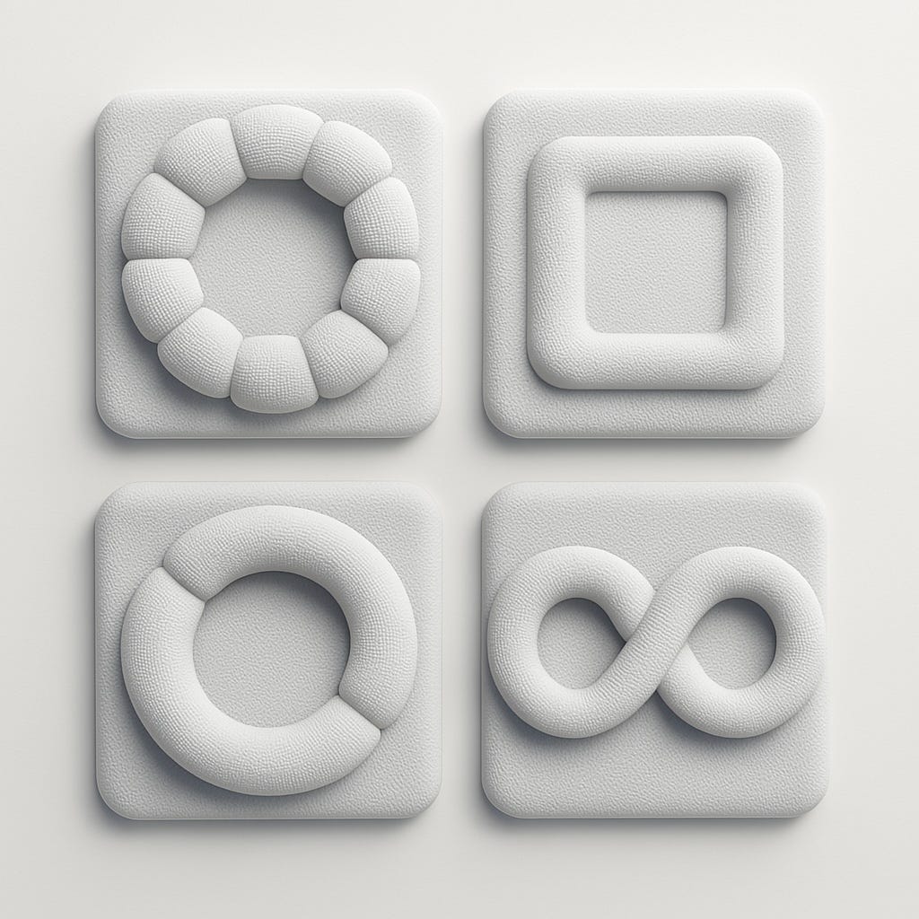 The image depicts a collection of square tiles arranged in a grid pattern, with each tile featuring a different abstract geometric shape in relief