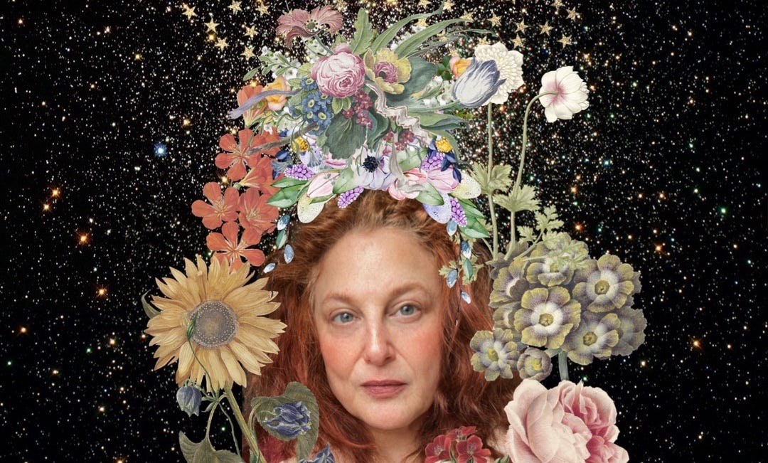 a digital collage of a red haired, freckled woman covered in flowers in front of a starry sky