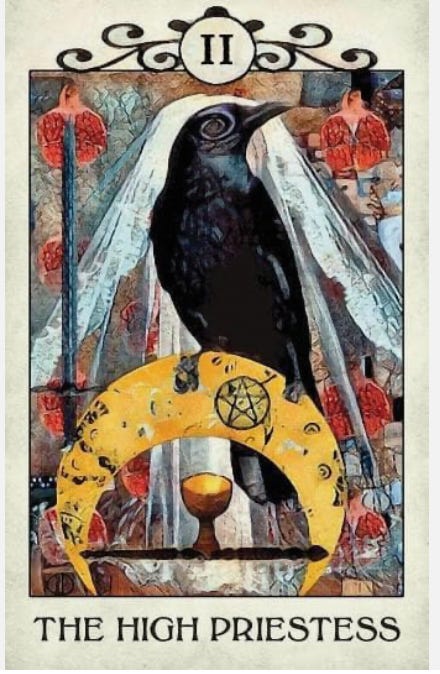 crow, rave, priestess, water, rise, witch, tarot