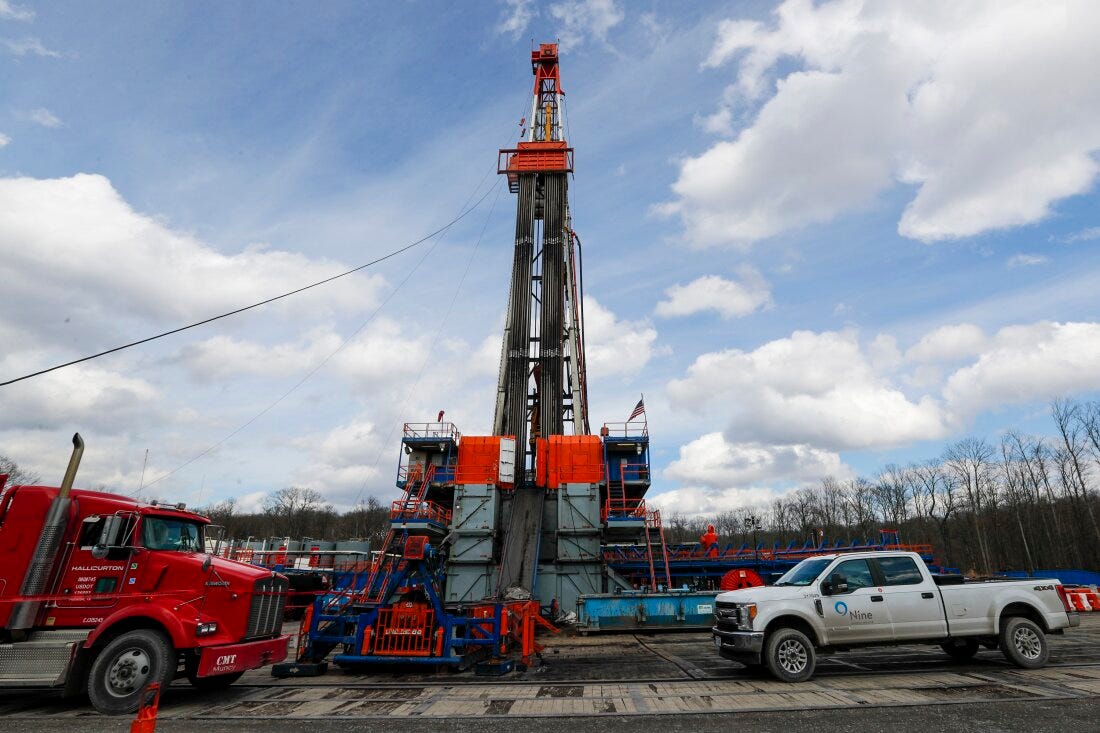 A shale gas well drilling site is pictured in 2020 in St. Mary's, Pa., a key battleground state where the fracking industry has brought in jobs.