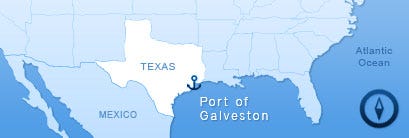 A map of the southern USA showing the location of Galveston