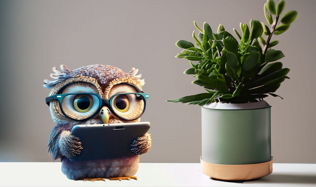 cute owl wearing glasses, holding iPad on table next to a plant