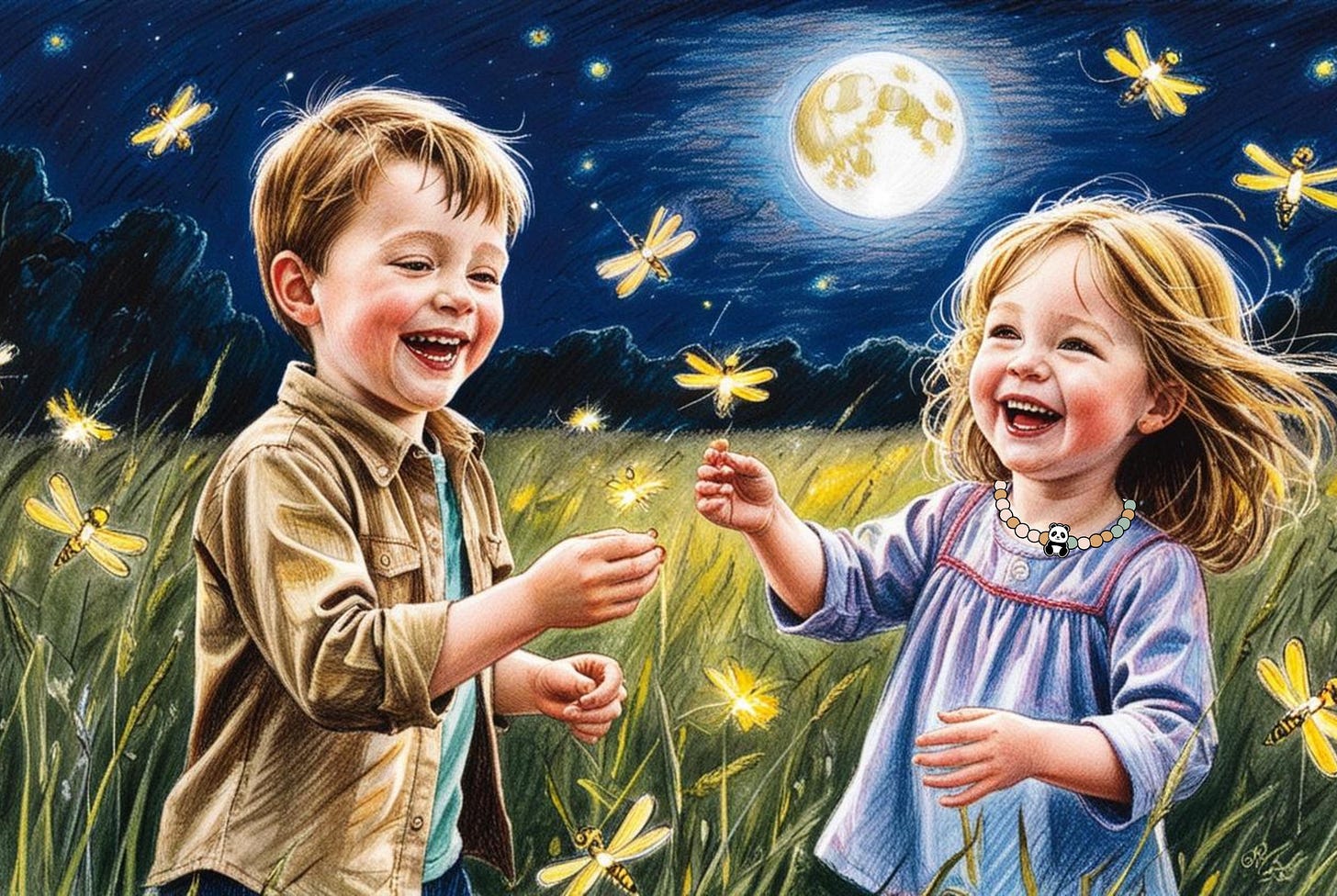 Illustration of a 2 young children chasing fireflies at night in tall grass