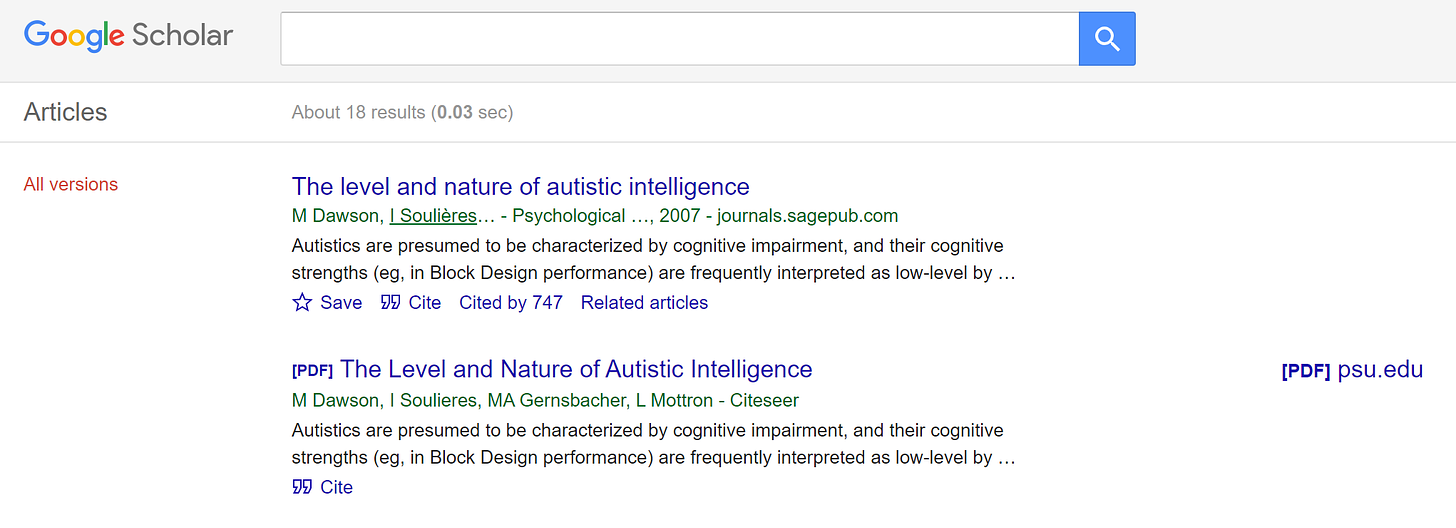 Screenshot of a different Google search, showing the top 2 versions of a paper called "The level and nature of autistic intelligence." The 2nd version is a PDF from psu.edu, as shown in the right-hand column.
