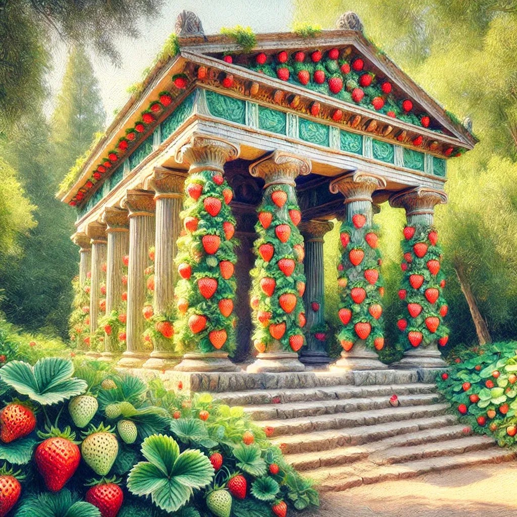 A Roman temple dedicated to the Strawberry God, depicted in the style of an impressionist painting. The temple features classical Roman columns and stone steps, but with subtle strawberry-themed carvings and accents. Lush green vines and ripe strawberries grow around the temple’s base. The impressionist style gives the scene a dreamy, soft focus, with dappled sunlight streaming through the trees surrounding the temple. The colors are vibrant, with shades of red, pink, green, and gold blending together to create a magical atmosphere. The temple sits in a peaceful, natural setting.